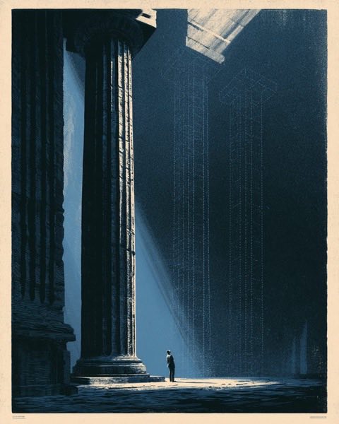 Two monumental columns in an archive hall, one solid and one drawn as an outline